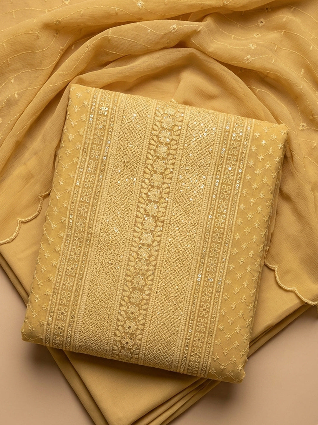 Mustard Embroidered Georgette Unstitched Suit With Pant &amp; Dupatta