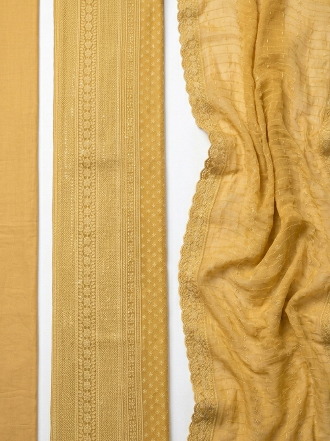 Mustard Embroidered Georgette Unstitched Suit With Pant &amp; Dupatta