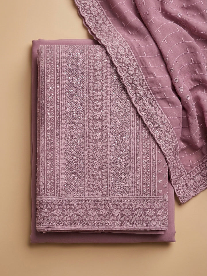 Onion Pink Embroidered Georgette Unstitched Suit With Pant &amp; Dupatta