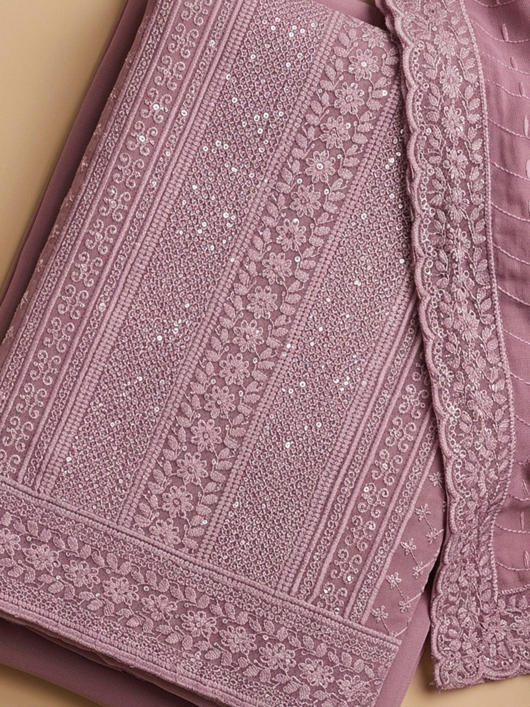 Onion Pink Embroidered Georgette Unstitched Suit With Pant &amp; Dupatta