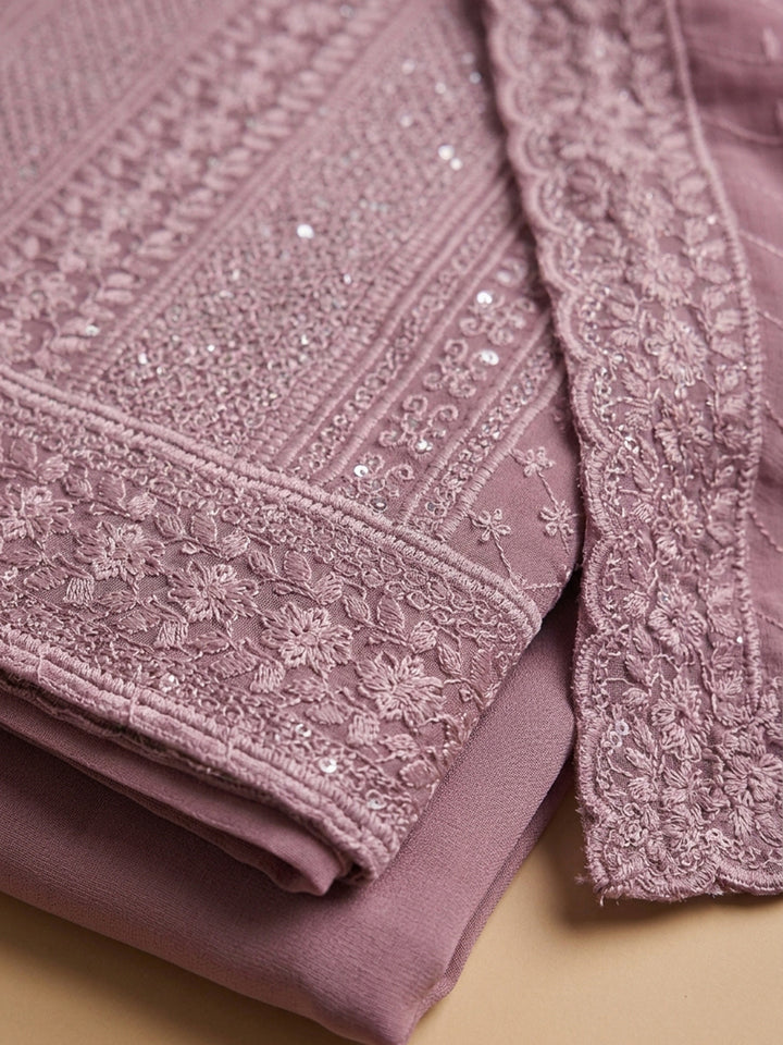 Onion Pink Embroidered Georgette Unstitched Suit With Pant &amp; Dupatta