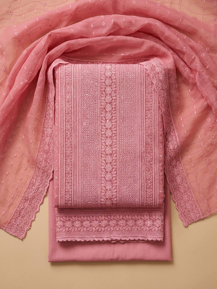 Peach Embroidered Cotton Blend Unstitched Suit With Pant &amp; Dupatta