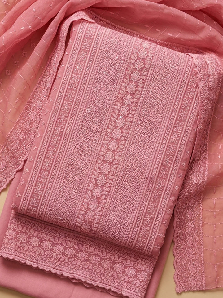 Peach Embroidered Cotton Blend Unstitched Suit With Pant &amp; Dupatta