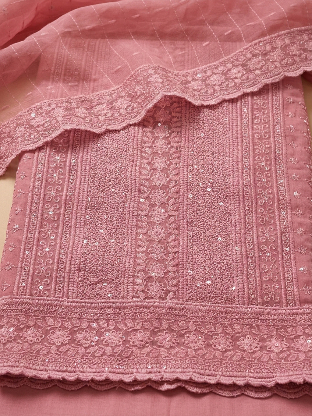 Peach Embroidered Georgette Unstitched Suit With Pant &amp; Dupatta