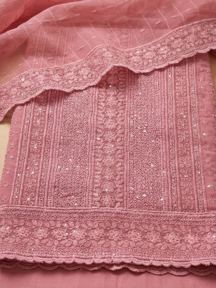 Peach Embroidered Cotton Blend Unstitched Suit With Pant &amp; Dupatta