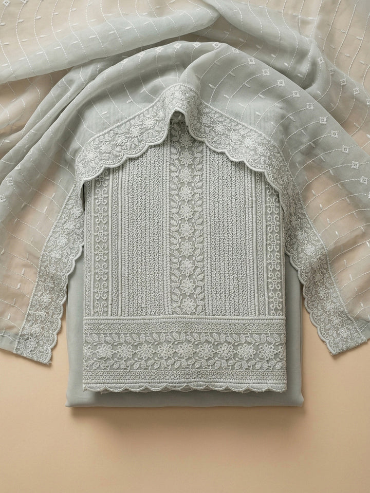 Aqua Embroidered Cotton Blend Unstitched Suit &amp; Pant With Cotton Dupatta