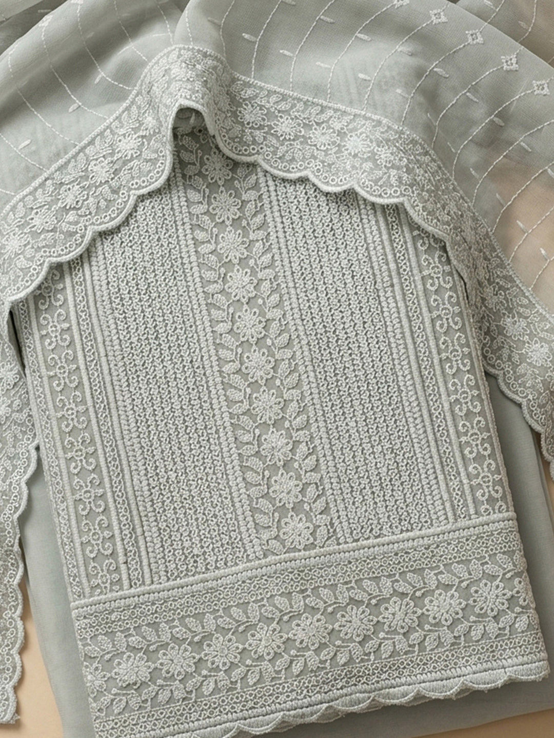 Aqua Embroidered Cotton Blend Unstitched Suit &amp; Pant With Cotton Dupatta