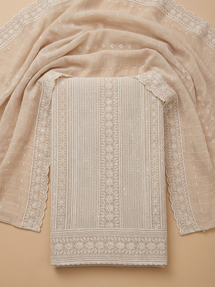 Cream Embroidered Cotton Blend Unstitched Suit &amp; Pant With Cotton Dupatta