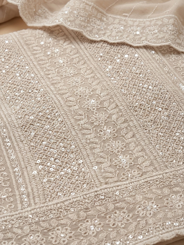 Cream Embroidered Cotton Blend Unstitched Suit &amp; Pant With Cotton Dupatta