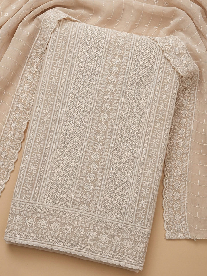 Cream Embroidered Cotton Blend Unstitched Suit &amp; Pant With Cotton Dupatta