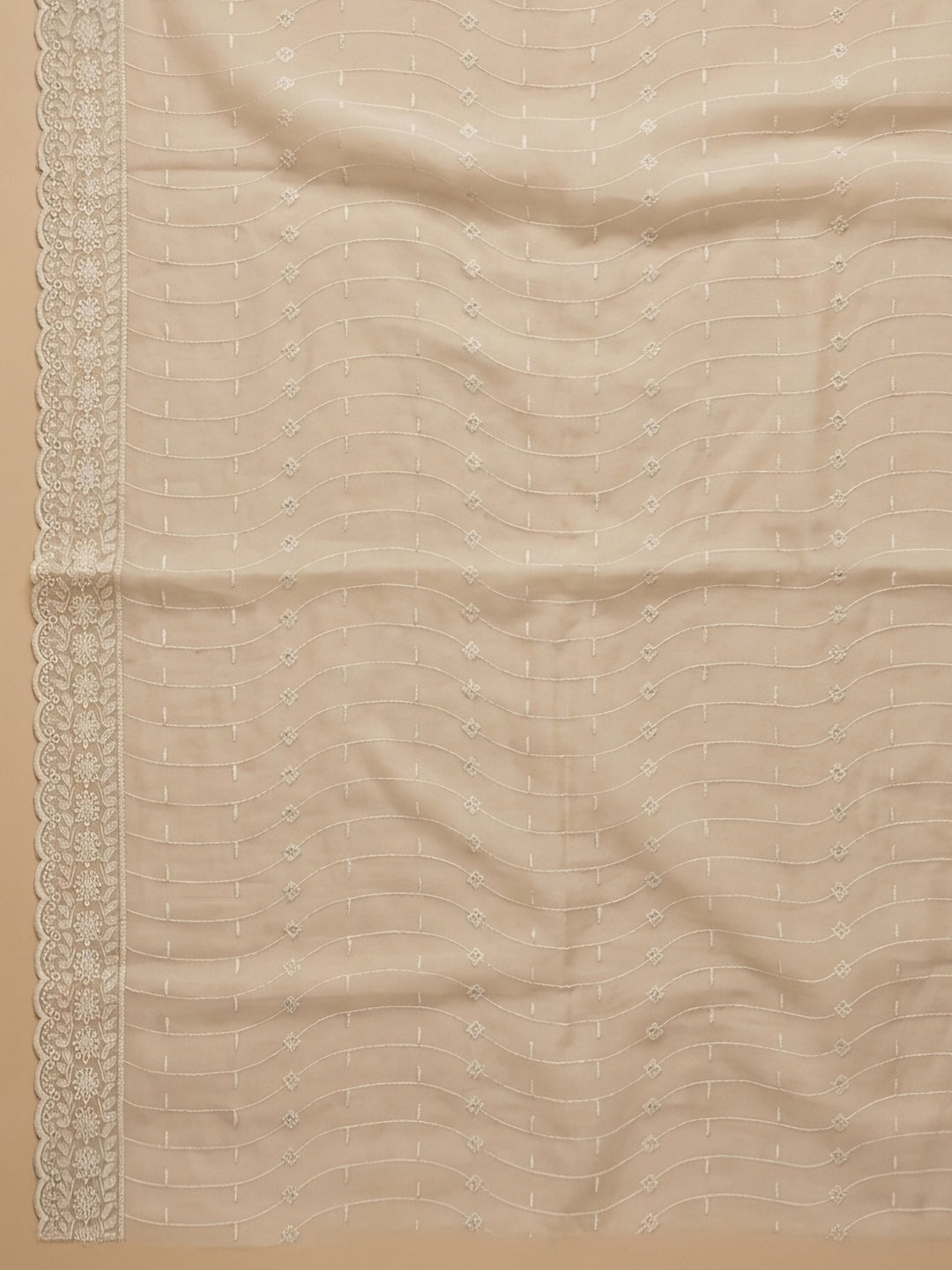 Cream Embroidered Cotton Blend Unstitched Suit &amp; Pant With Cotton Dupatta