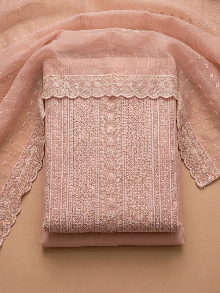 Peach Embroidered Cotton Blend Unstitched Suit &amp; Pant With Cotton Dupatta