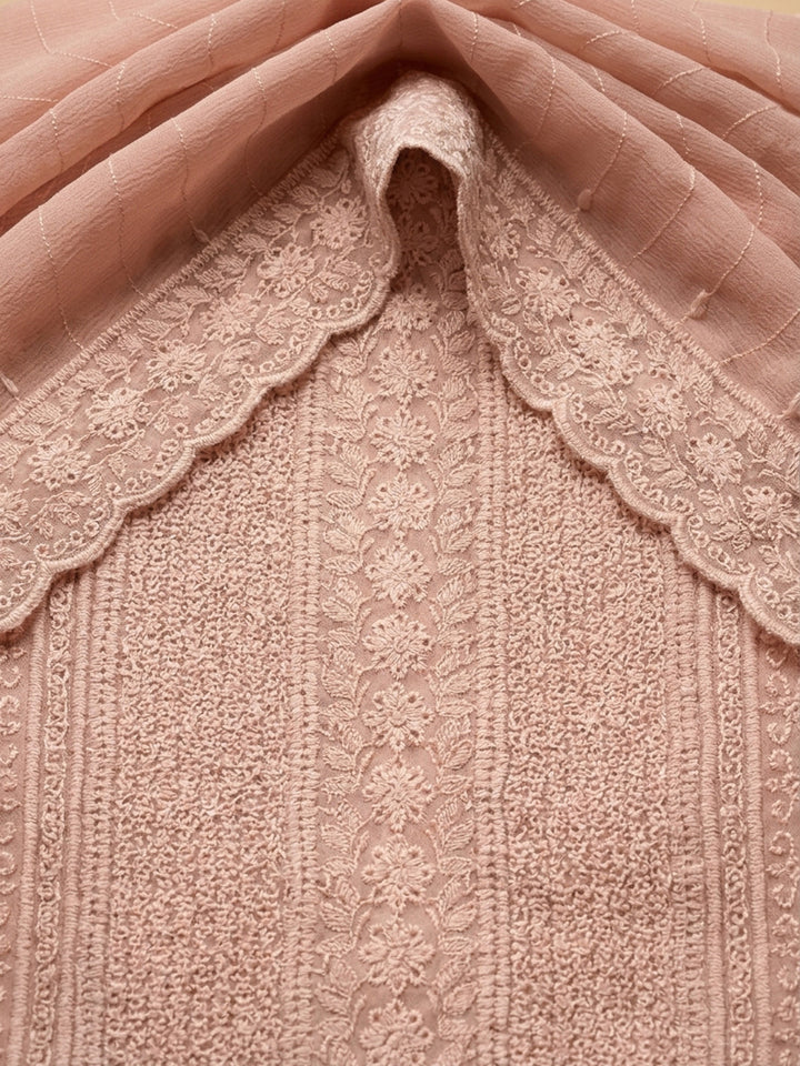 Peach Embroidered Cotton Blend Unstitched Suit &amp; Pant With Cotton Dupatta