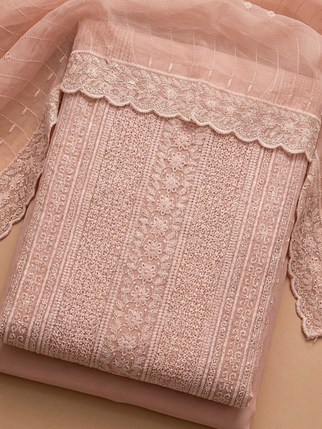 Peach Embroidered Cotton Blend Unstitched Suit &amp; Pant With Cotton Dupatta
