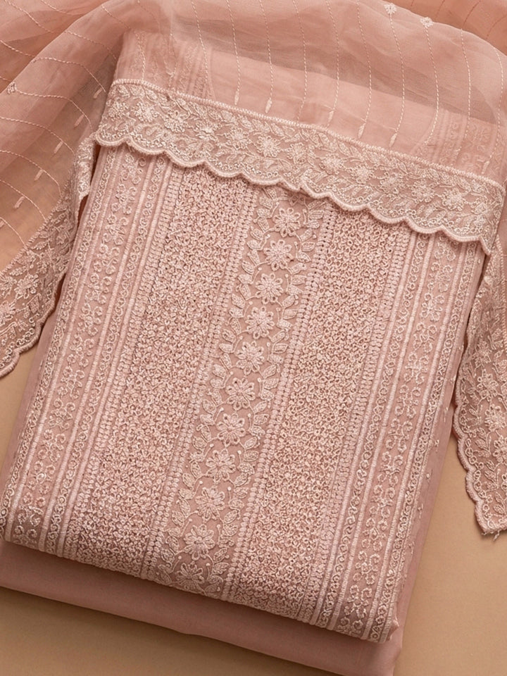 Peach Embroidered Cotton Blend Unstitched Suit &amp; Pant With Cotton Dupatta