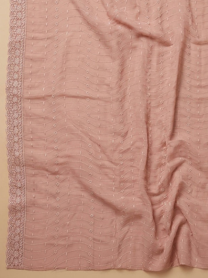 Peach Embroidered Cotton Blend Unstitched Suit &amp; Pant With Cotton Dupatta