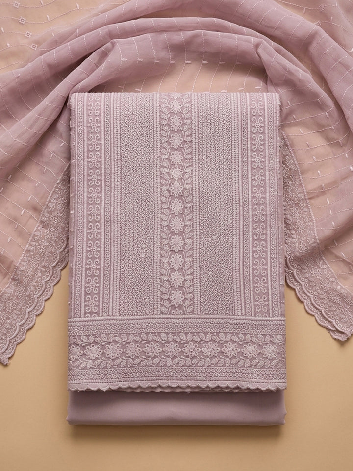 Pink Embroidered Cotton Blend Unstitched Suit &amp; Pant With Cotton Dupatta