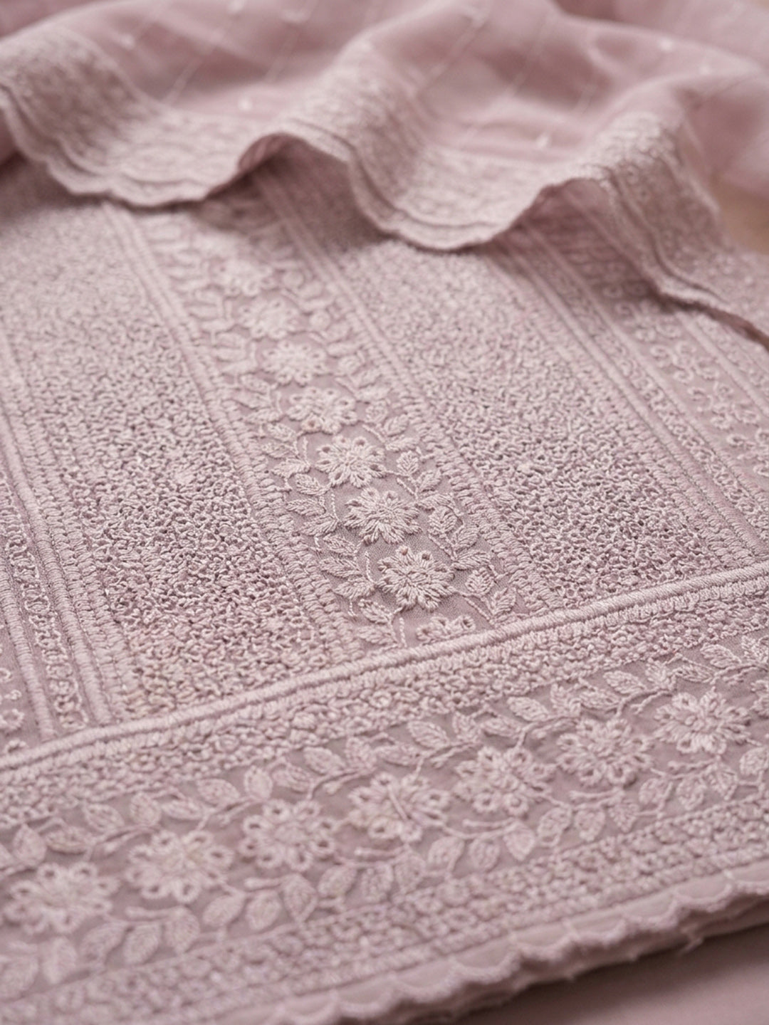 Pink Embroidered Cotton Blend Unstitched Suit &amp; Pant With Cotton Dupatta