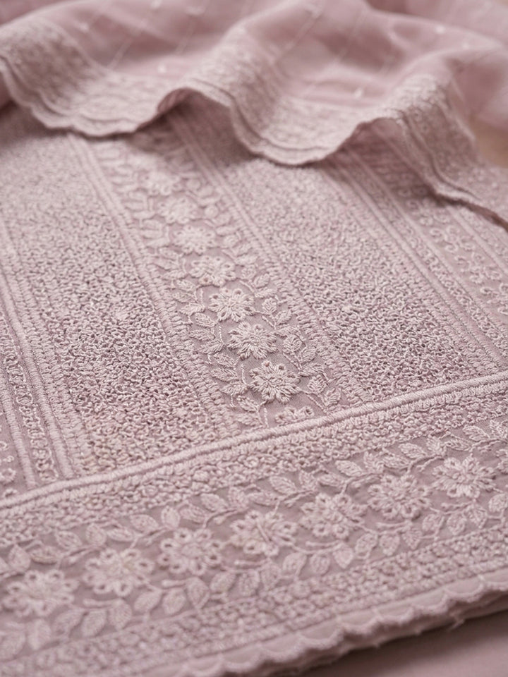 Pink Embroidered Cotton Blend Unstitched Suit &amp; Pant With Cotton Dupatta