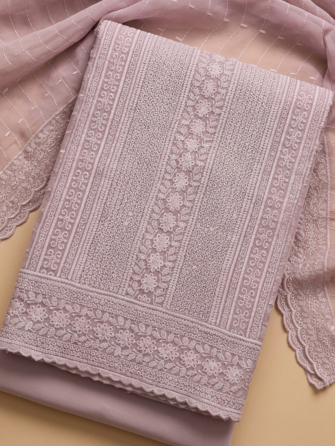 Pink Embroidered Cotton Blend Unstitched Suit &amp; Pant With Cotton Dupatta