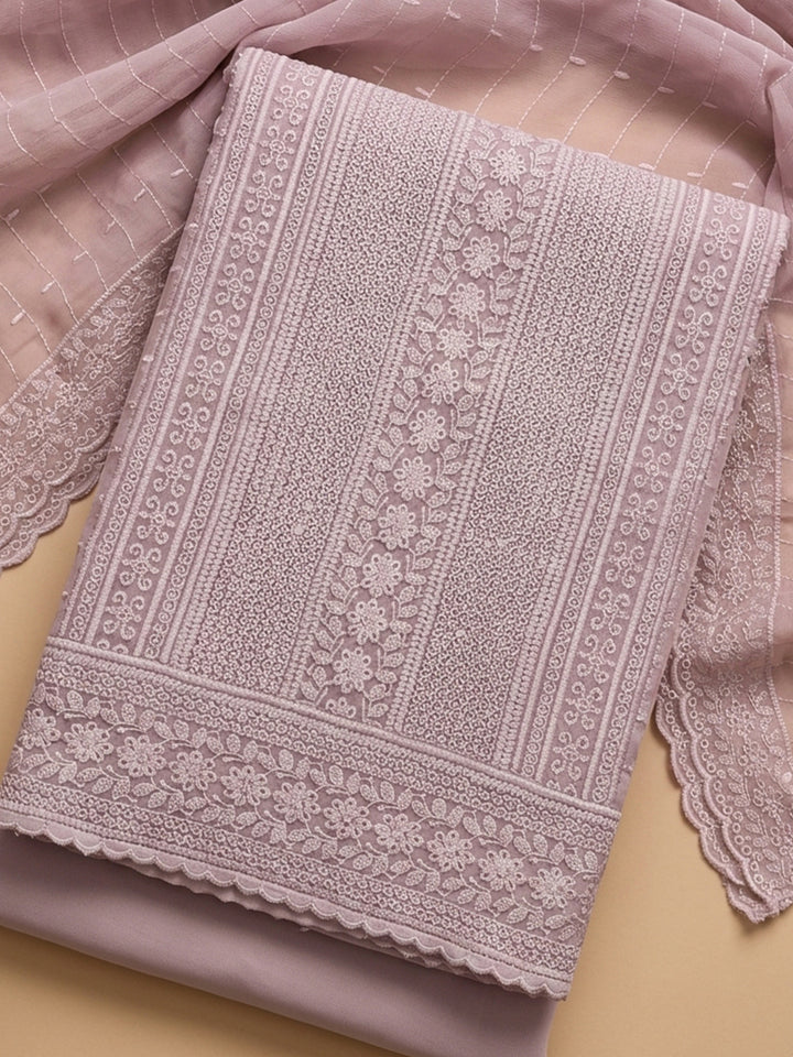 Pink Embroidered Cotton Blend Unstitched Suit &amp; Pant With Cotton Dupatta