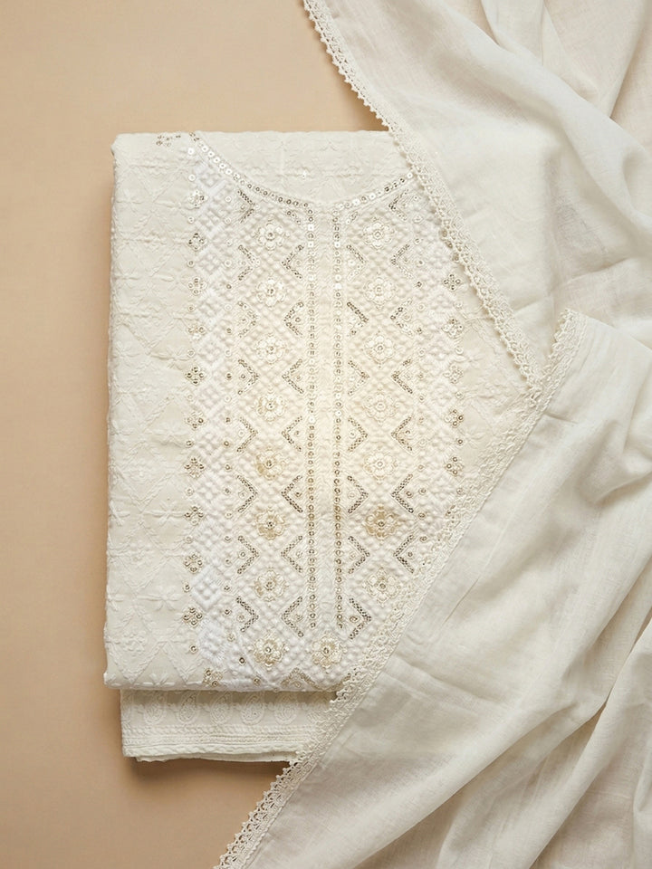 Off White Embroidery Cotton Blend Unstitched Dress Material