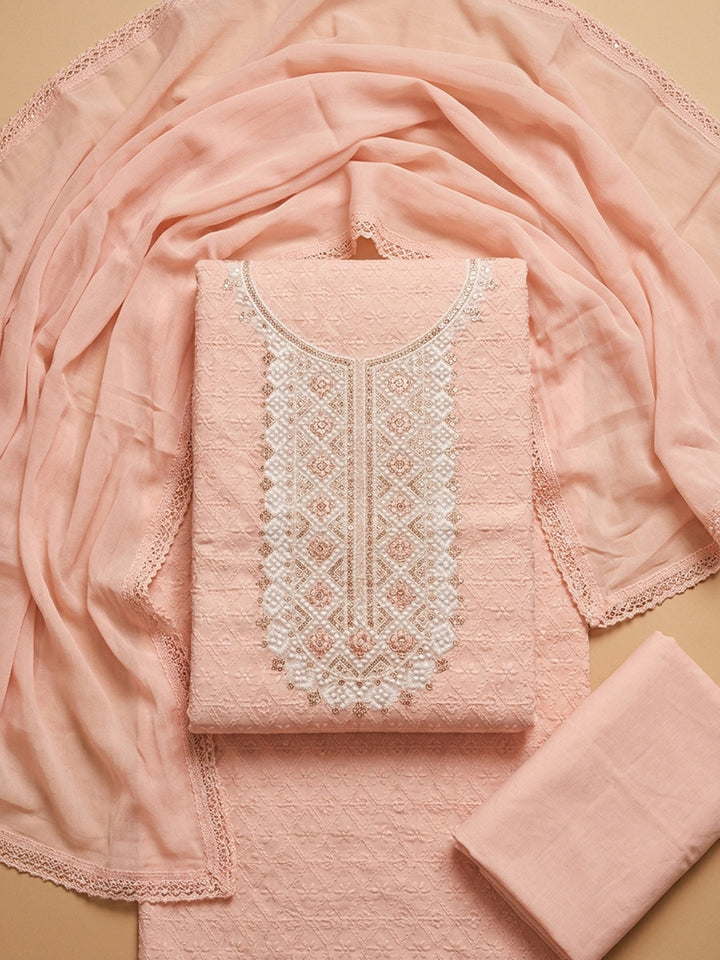 Peach Embroidery Cotton Blend Unstitched Dress Material