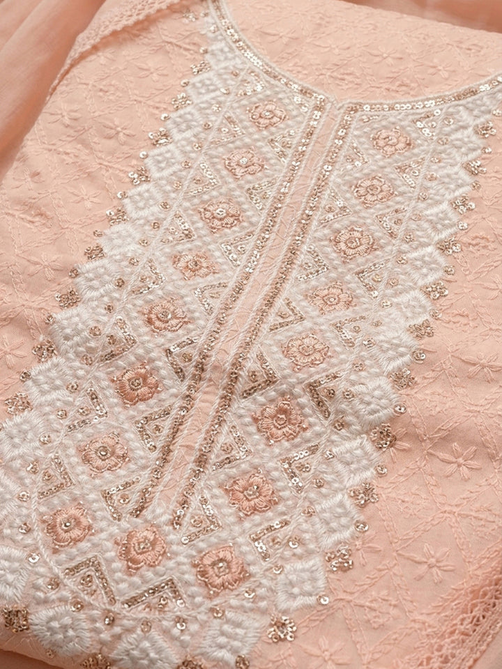 Peach Embroidery Cotton Blend Unstitched Dress Material