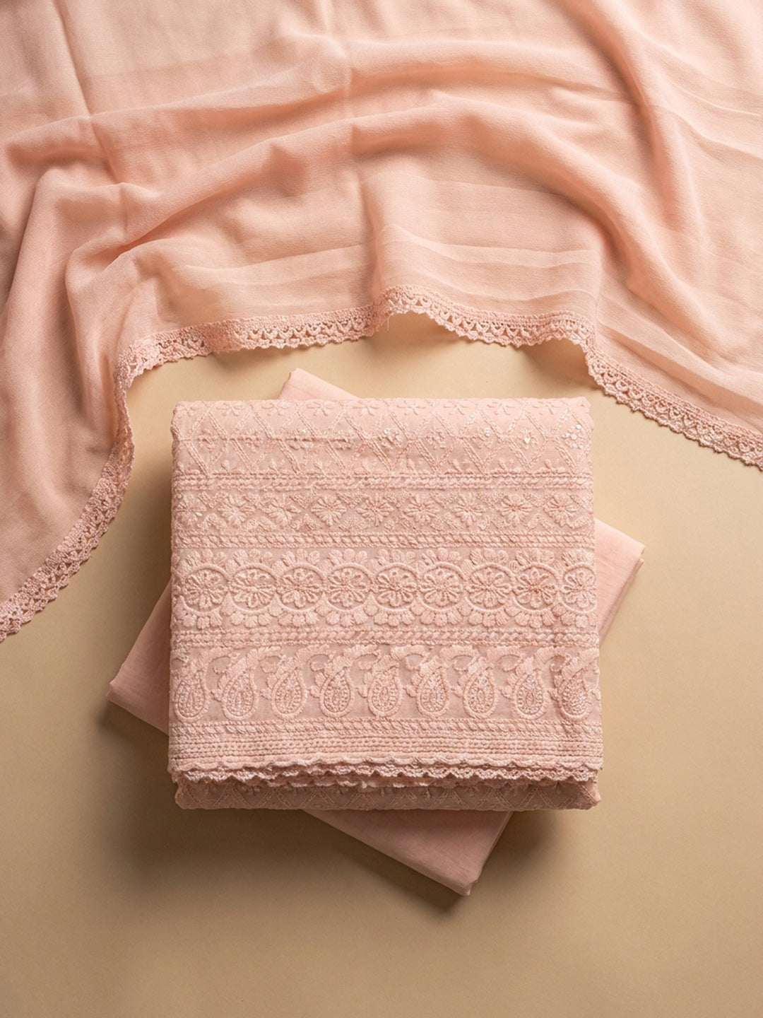 Peach Embroidery Cotton Blend Unstitched Dress Material