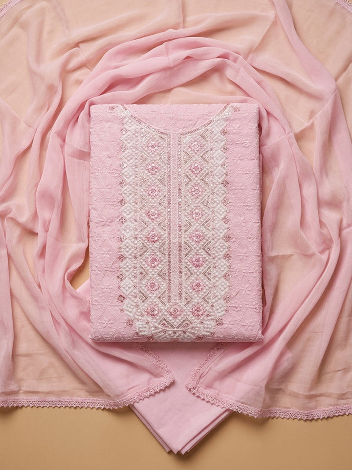 Pink Embroidery Cotton Blend Unstitched Dress Material