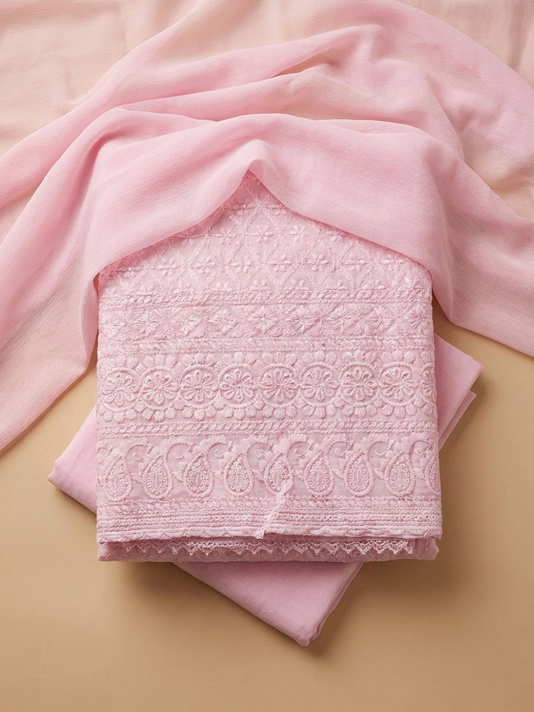Pink Embroidery Cotton Blend Unstitched Dress Material