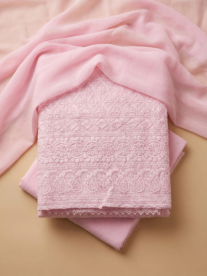 Pink Embroidery Cotton Blend Unstitched Dress Material