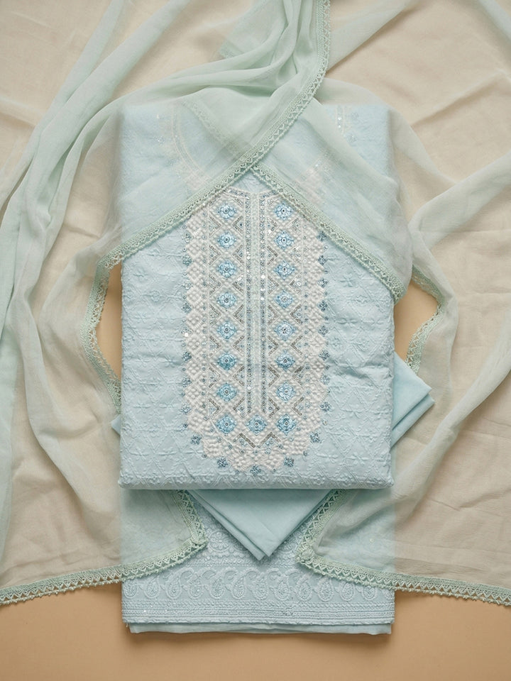 Sky Blue Embroidery Cotton Blend Unstitched Dress Material