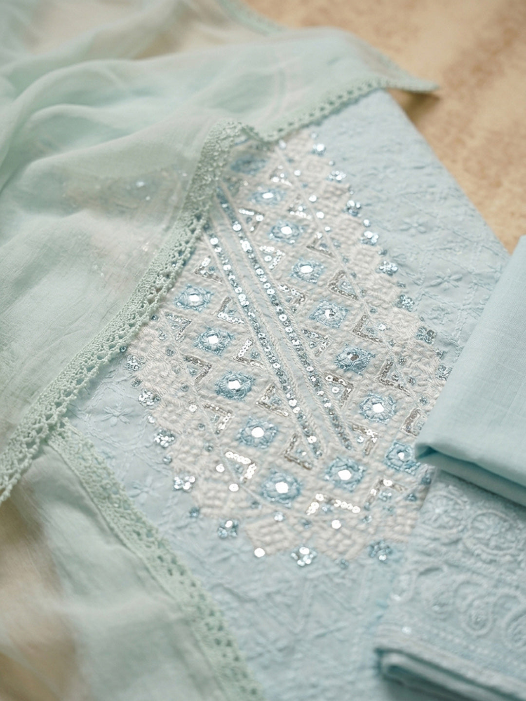 Sky Blue Embroidery Cotton Blend Unstitched Dress Material