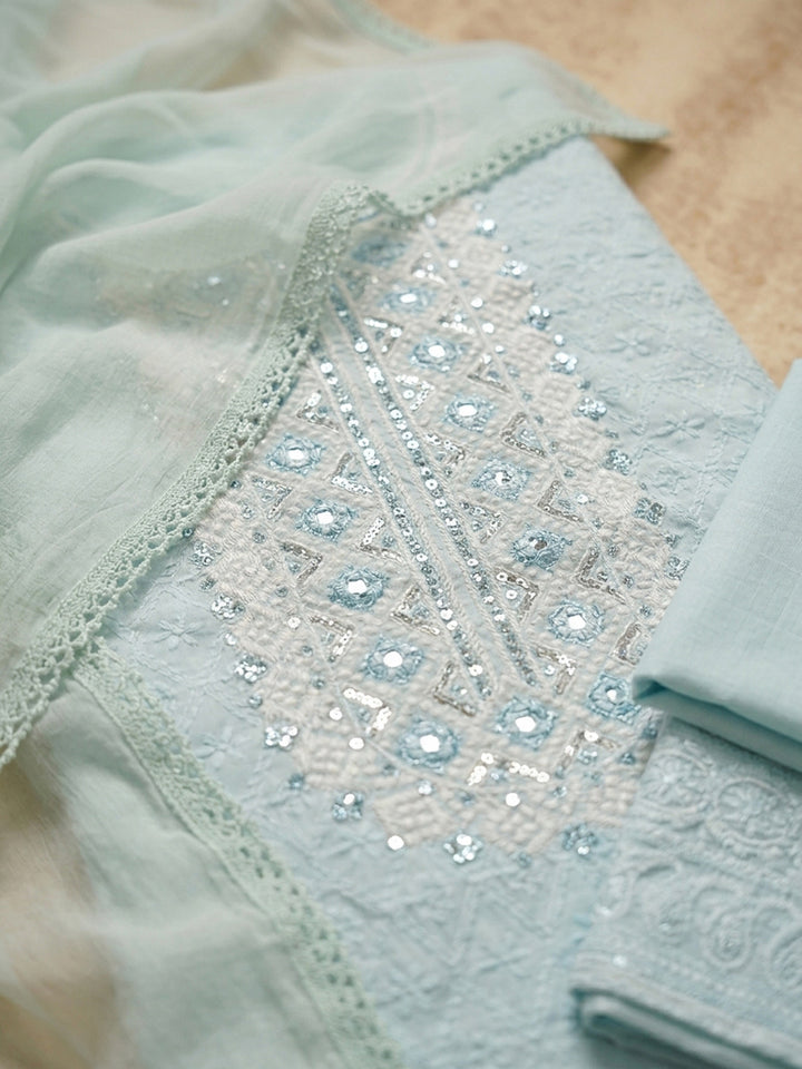 Sky Blue Embroidery Cotton Blend Unstitched Dress Material