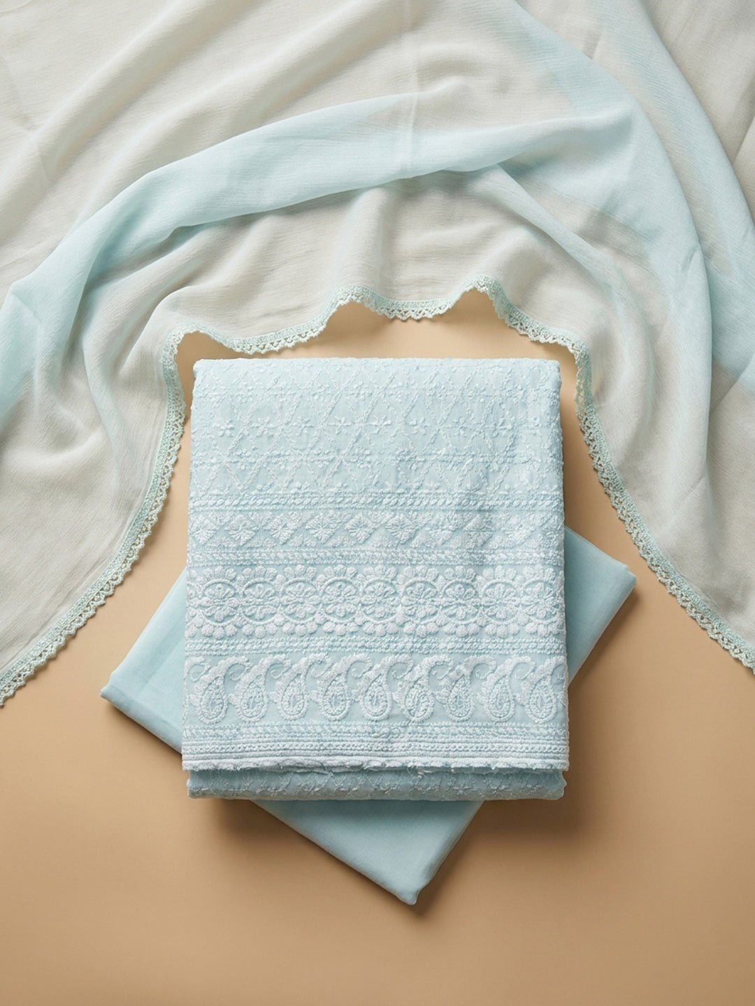 Sky Blue Embroidery Cotton Blend Unstitched Dress Material
