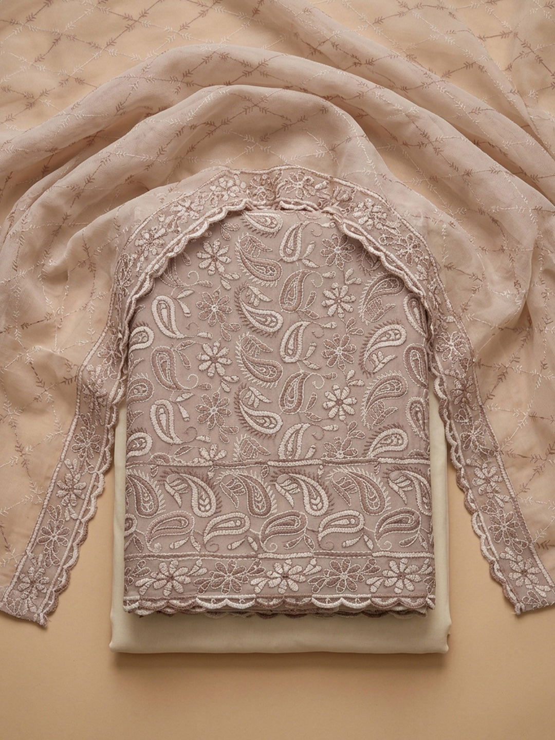 Onion Pink Embroidered Georgette Unstitched Suit &amp; Pant With Georgette Dupatta