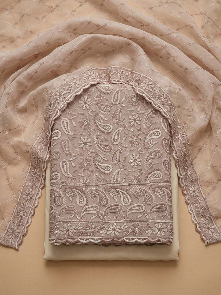 Onion Pink Embroidered Georgette Unstitched Suit &amp; Pant With Georgette Dupatta