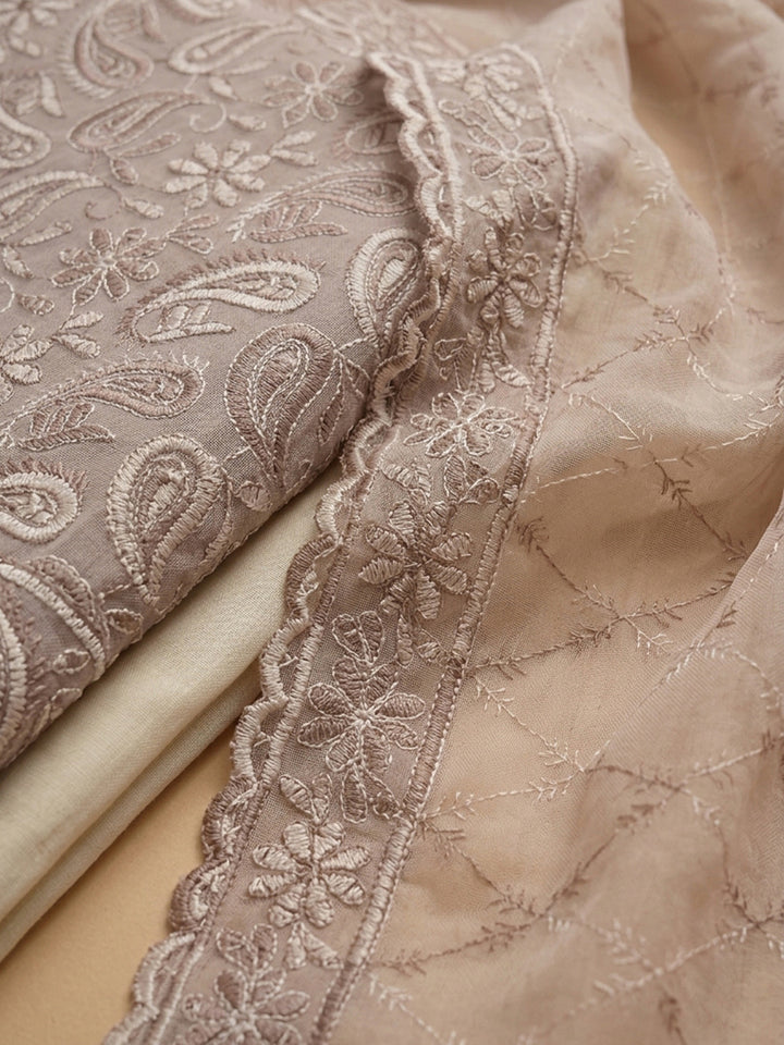Onion Pink Embroidered Georgette Unstitched Suit &amp; Pant With Georgette Dupatta