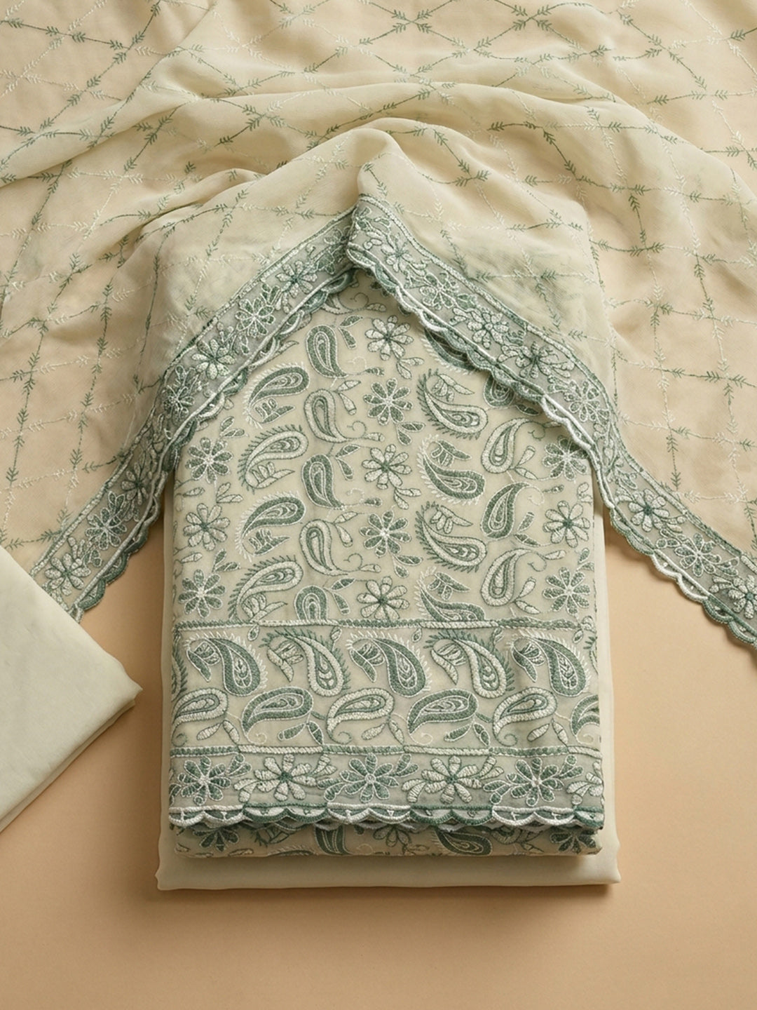 Sea Green Embroidered Georgette Unstitched Suit &amp; Pant With Georgette Dupatta