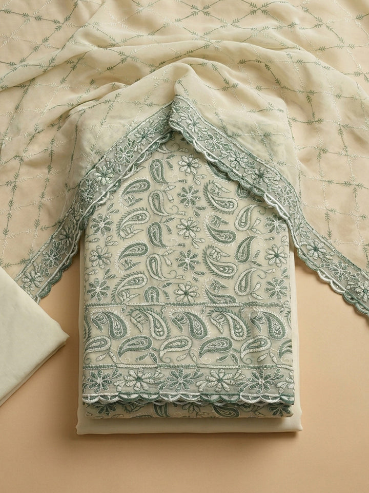 Sea Green Embroidered Georgette Unstitched Suit &amp; Pant With Georgette Dupatta