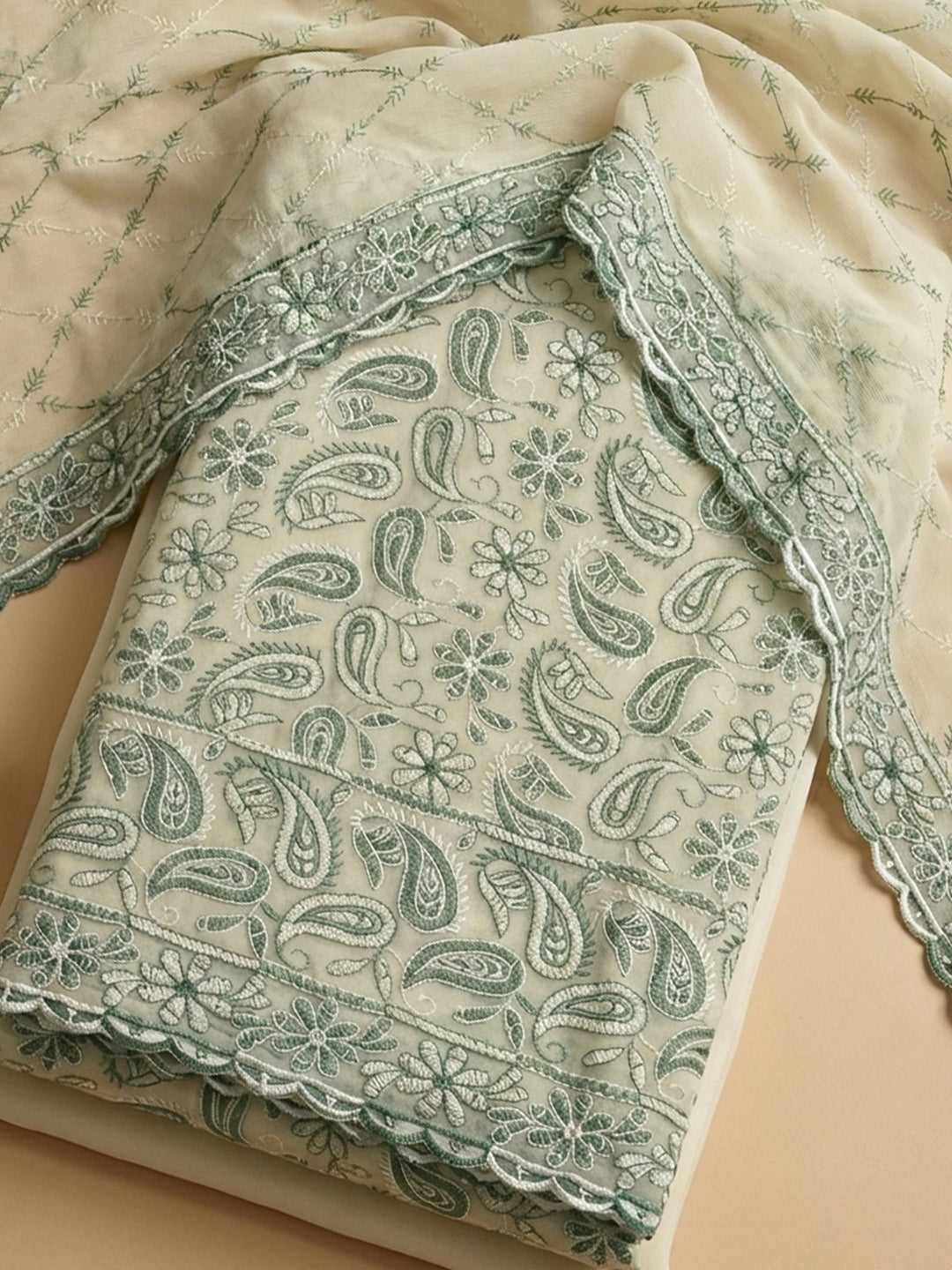 Sea Green Embroidered Georgette Unstitched Suit &amp; Pant With Georgette Dupatta