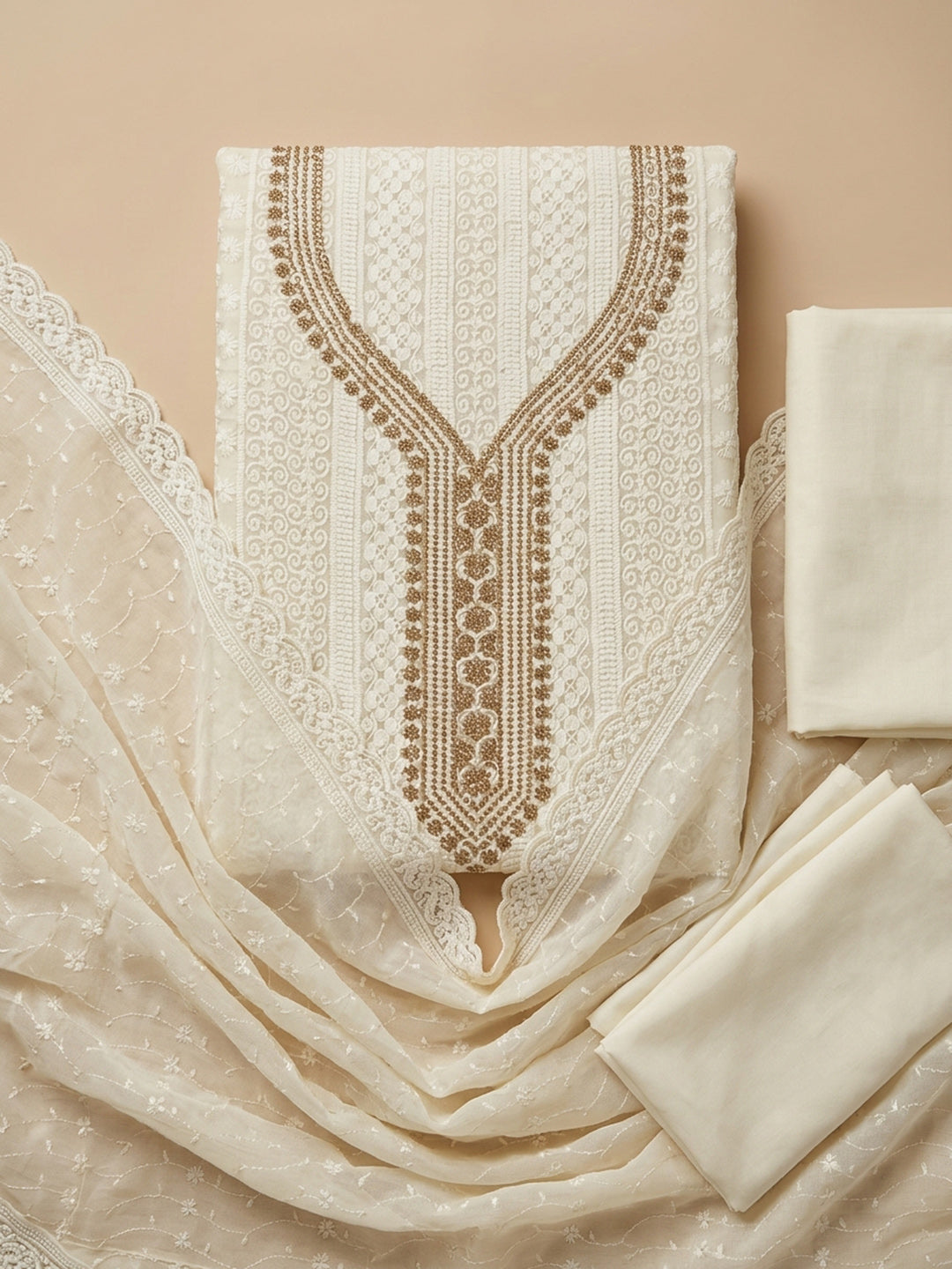 Off White Embroidered Georgette Unstitched Suit &amp; Pant With Georgette Dupatta