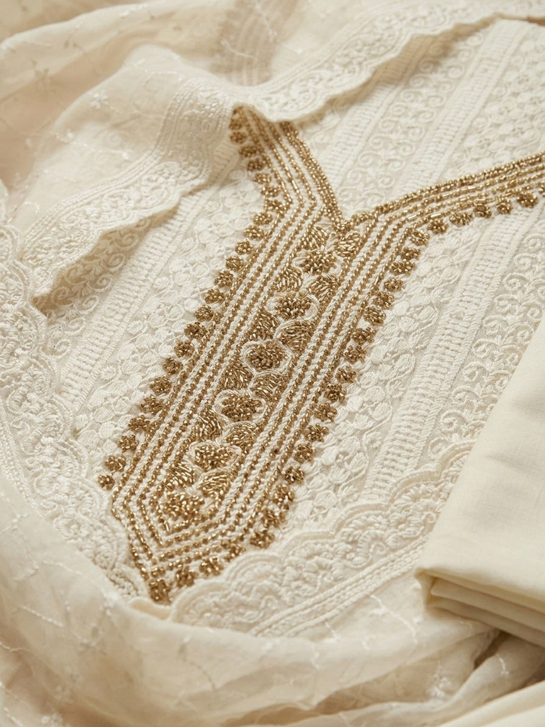 Off White Embroidered Georgette Unstitched Suit &amp; Pant With Georgette Dupatta