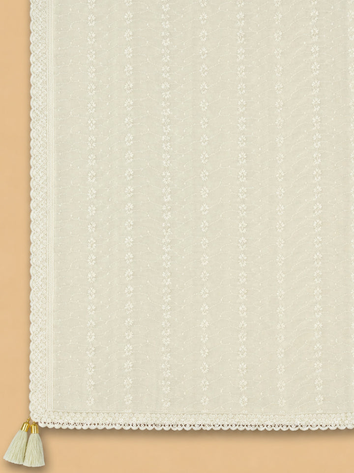 Off White Embroidered Georgette Unstitched Suit &amp; Pant With Georgette Dupatta