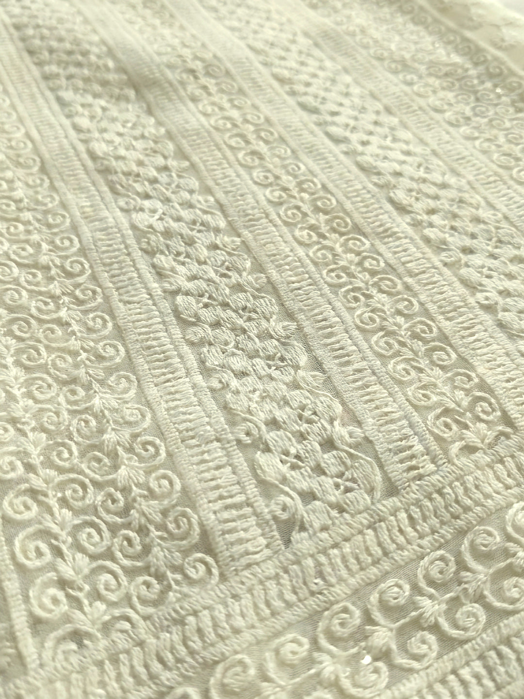 Off White Embroidered Georgette Unstitched Suit &amp; Pant With Georgette Dupatta