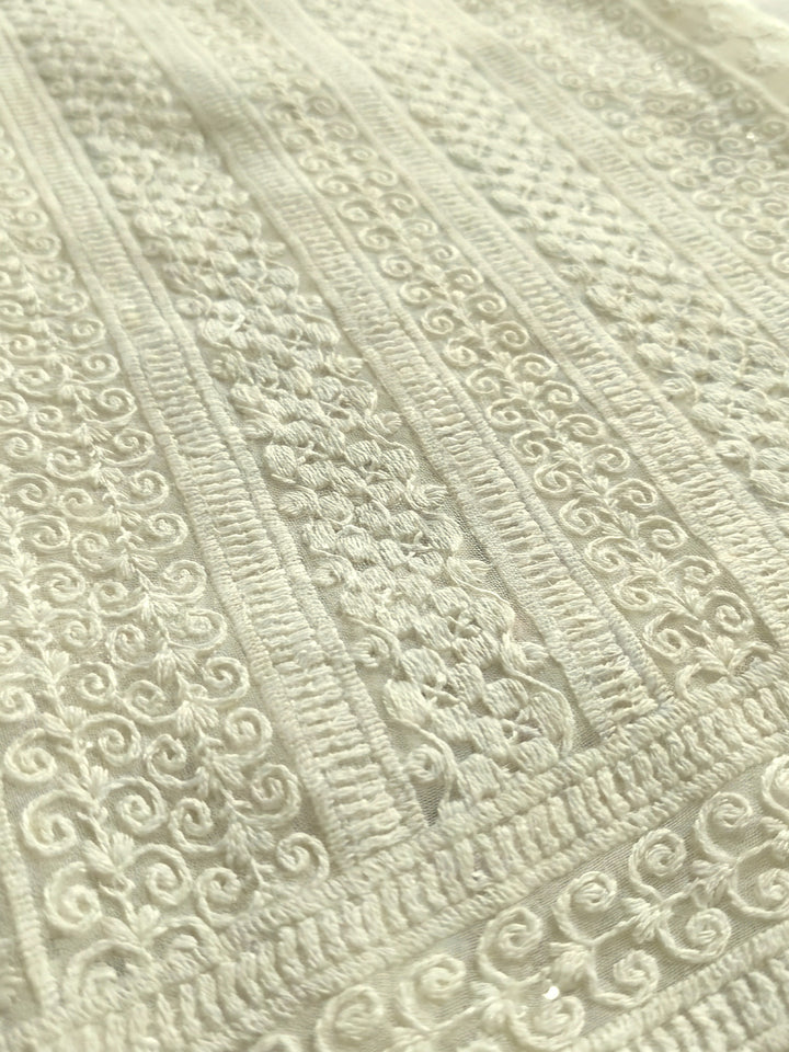 Off White Embroidered Georgette Unstitched Suit &amp; Pant With Georgette Dupatta