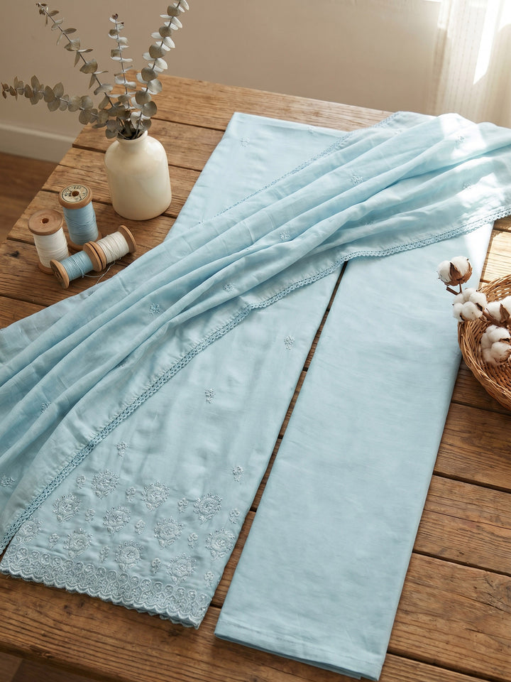 Aqua Blue Embroidered Cotton Blend Unstitched Suit &amp; Pant With Cotton Dupatta