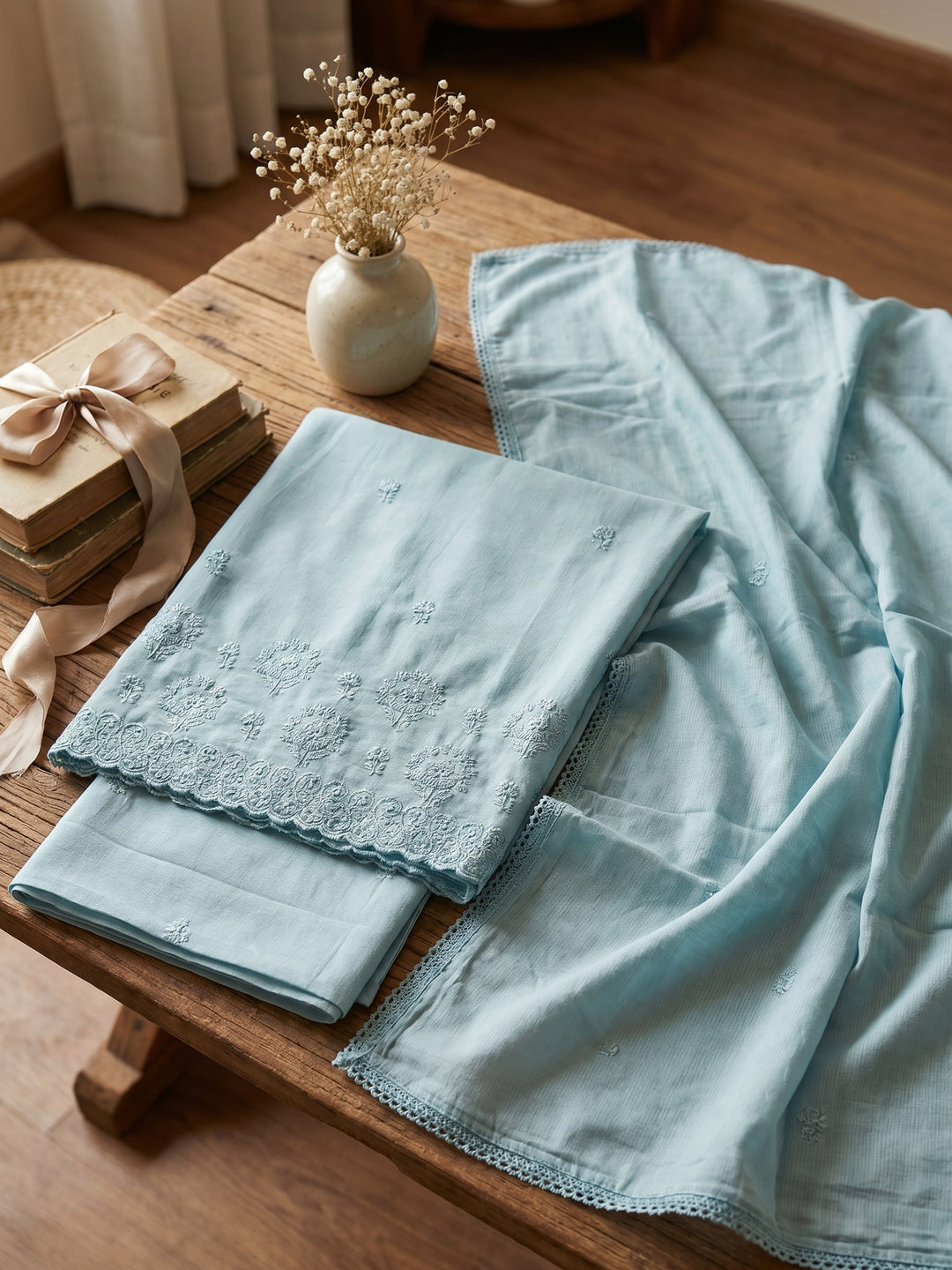 Aqua Blue Embroidered Cotton Blend Unstitched Suit &amp; Pant With Cotton Dupatta