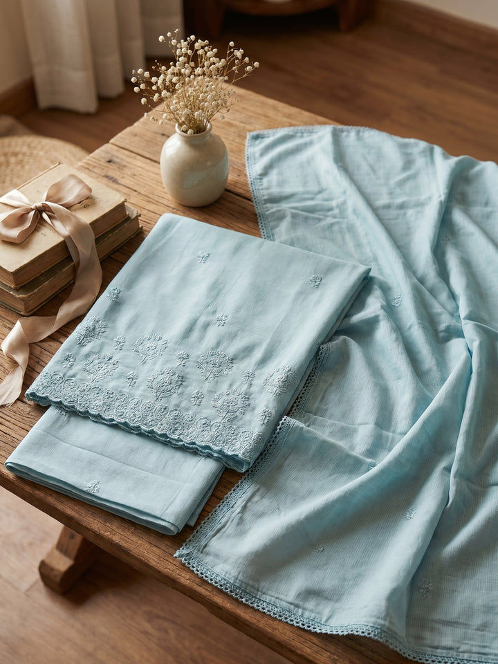 Aqua Blue Embroidered Cotton Blend Unstitched Suit &amp; Pant With Cotton Dupatta